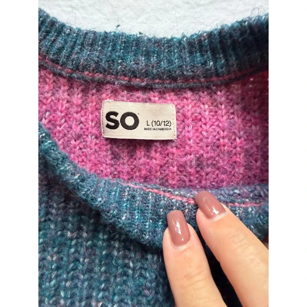 SO Girls Crewneck Sweater Pink Orange Blue Space Dye Ombre Knit Size L 10/12